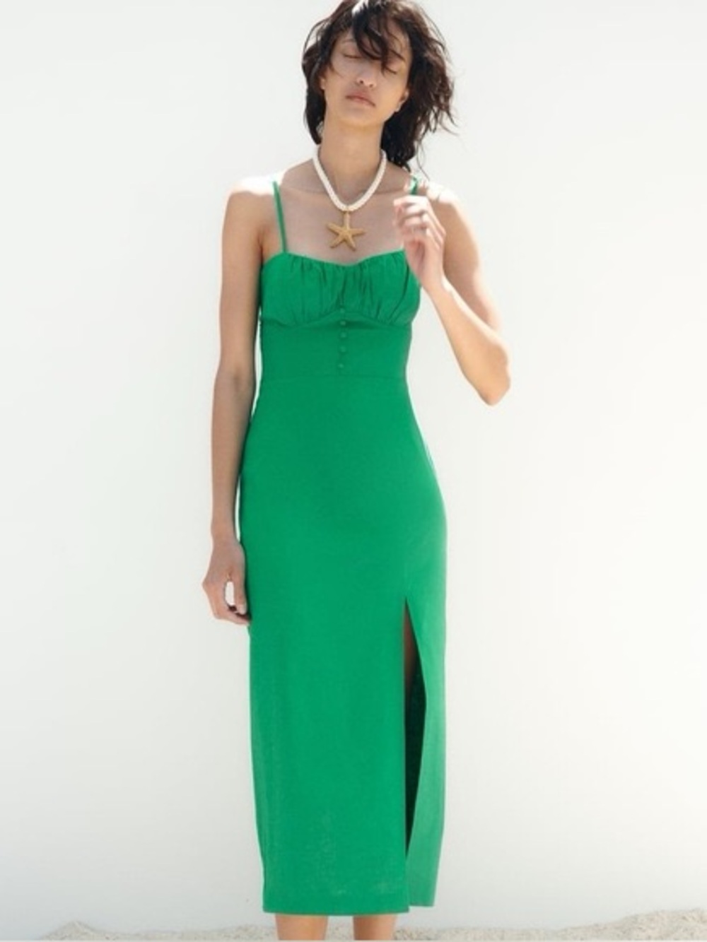 Green Spaghetti Strap Midi Dress with Front Slit
